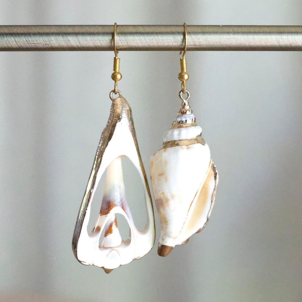 Handmade Gold Edged Natural Sea Shell Asymmetrical Drop Earrings Coastal Boho‎